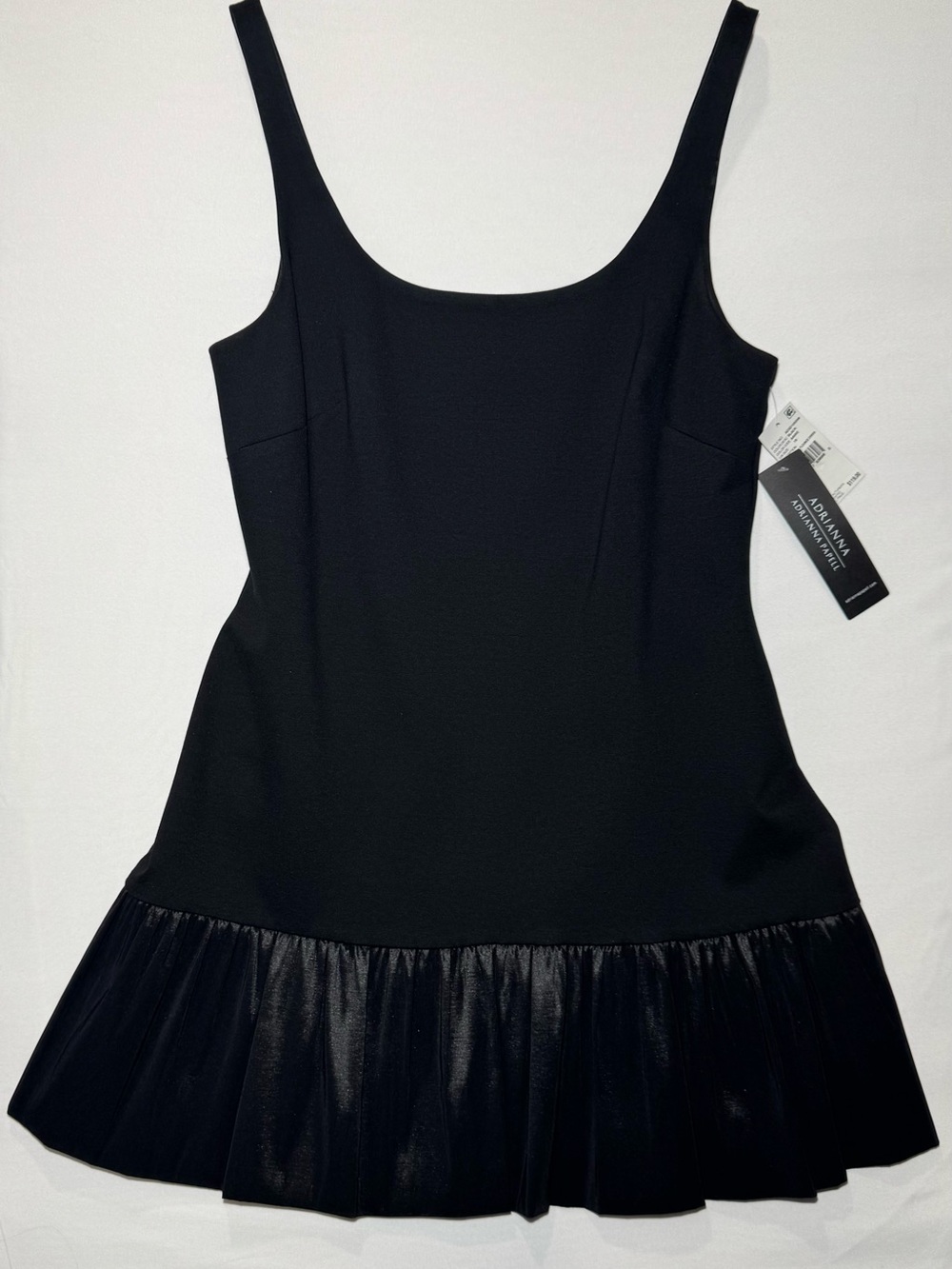 Adrianna Papell Black Sleeveless Scoop-Neck Mini Dress with Shiny Ruffle Hem